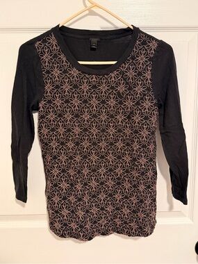 J. Crew Black Long Sleeve Top with Pink Geometric Floral Print